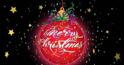 Glossy red ornament reading merry christmas, hanging amid confetti and twinkling gold stars