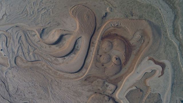 Aerial abstract of meandering sediment dunes and ripple textures in arid delta landscape