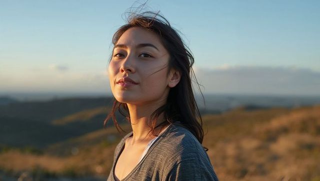 Sunlit woman standing on windswept hillside facing camera during golden hour portrait