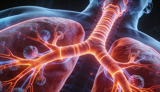 Glowing trachea and bronchi branching into alveoli within translucent cutaway chest