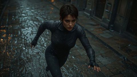 Stealthy assassin female operative in wet urban alley at night