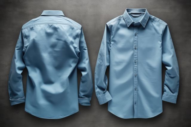 This image features two blue dress shirts displayed against a dark background, highlighting the front and back views. Useful for fashion advertisements, online clothing stores, or business attire promotions.