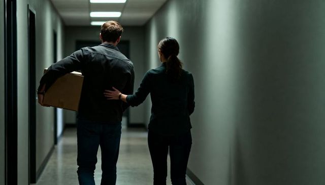 Couple walking down dim office corridor carrying moving box, partner offering support