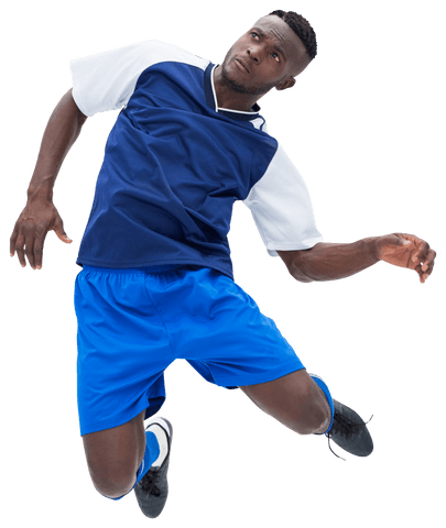 Athletic african american male footballer jumping in mid-air transparent