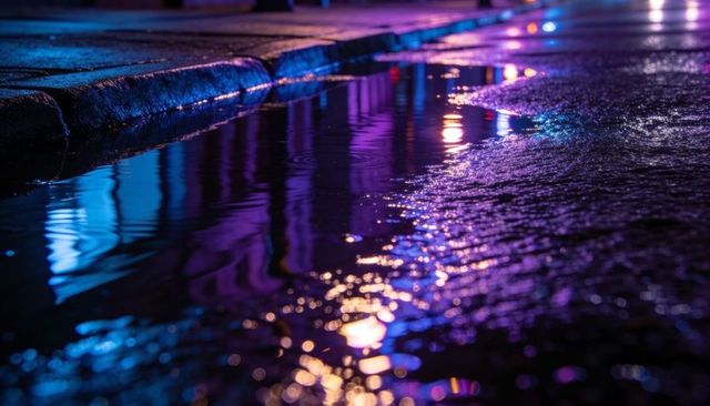 Neon Lights Reflecting on Wet Street Curb and Puddle at Night with Colorful Bokeh