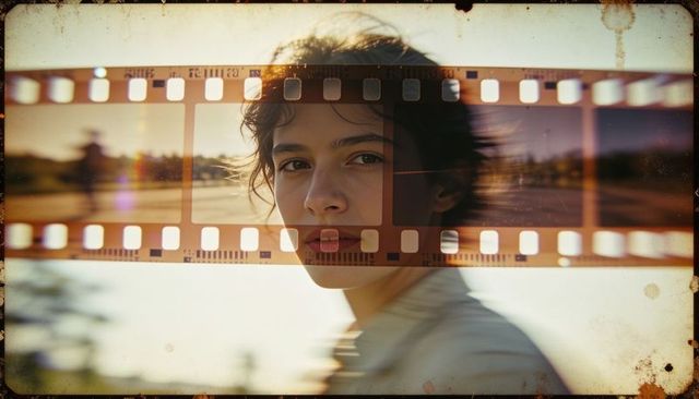 Gazing woman with film strip overlay vintage double-exposure portrait in soft golden hour