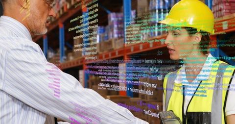 Warehouse team scanning inventory with handheld scanner and AR overlay for smart logistics