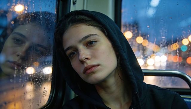Young woman leaning on rainy bus window, gazing through city lights