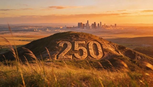 Glowing hillside featuring carved 250 overlooking city skyline at golden hour