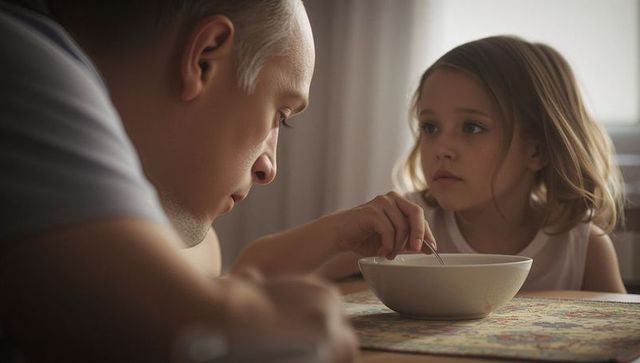 Father and daughter sharing quiet morning moment at kitchen table, caring bond