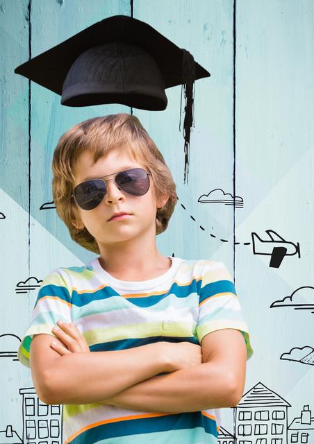 Boy stands confidently with arms crossed wearing sunglasses and mortarboard, set against a playful doodle background featuring clouds and an airplane. Suitable for concepts related to education, future success, children’s potential and imagination. Ideal for use in educational publications, school promotions, and motivational materials.
