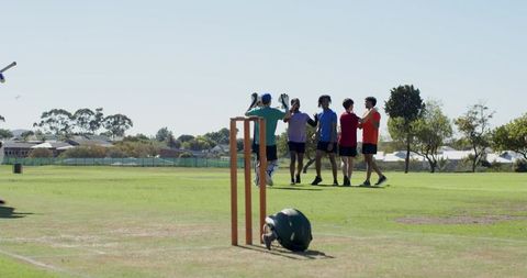 Cricket team celebrating wicket on suburban grass field with stumps helmet and bat