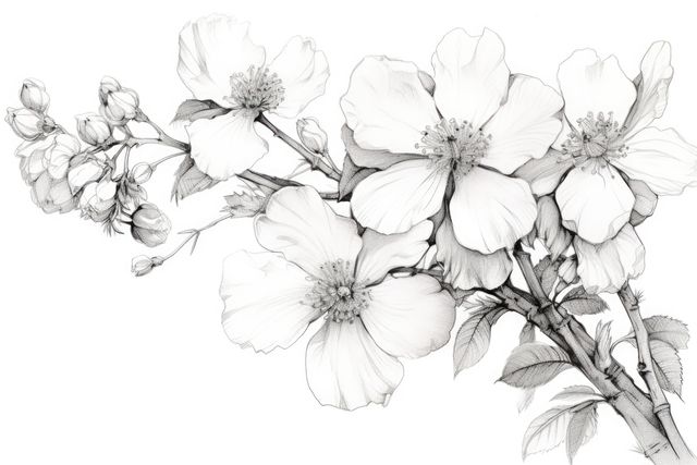 This detailed black and white sketch features blooming flowers with fine lines and intricate petal details, perfect for use in botanical illustrations, nature-themed art projects, and interior decor. Ideal for adding artistic flair to websites, print media, and digital art collections.