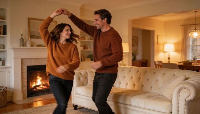Cozy autumn evening couple dancing by fireplace in elegant living room