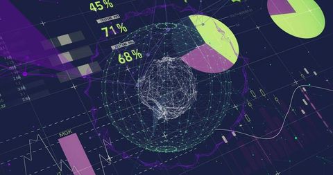 Visualizing global data network with neon wireframe globe and analytics dashboard overlays