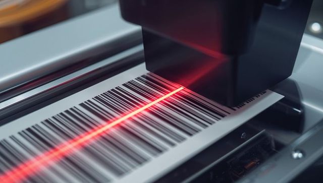 Automated barcode scanning on conveyor with red laser line for industrial quality control