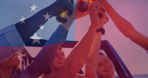 Friends Toasting with Sunset Beer on Beach Sojourn