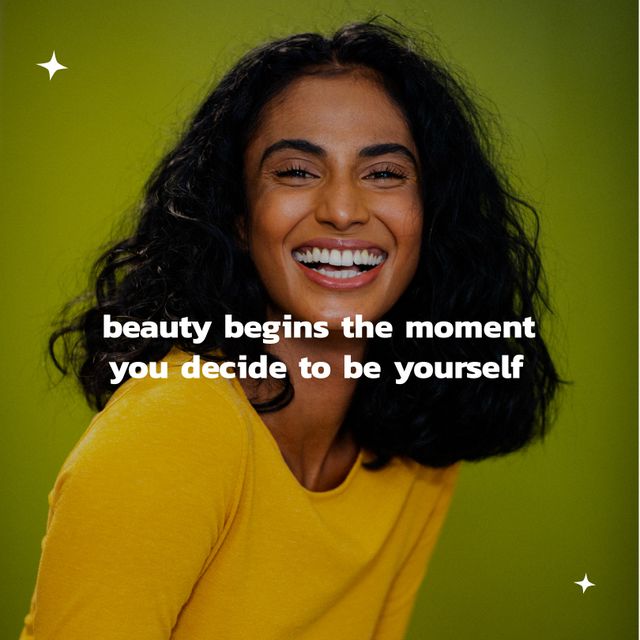 This image features a young woman with a radiant smile and curly hair, wearing a yellow shirt, with a caption that reads 'beauty begins the moment you decide to be yourself' on a bright green background. This inspirational visual is perfect for social media posts, blogs, websites, and marketing materials promoting self-confidence, positivity, and empowerment.
