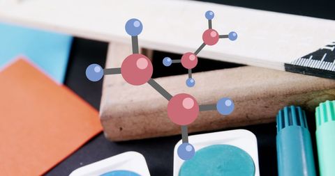 Colorful markers and molecular model on school desk for studying