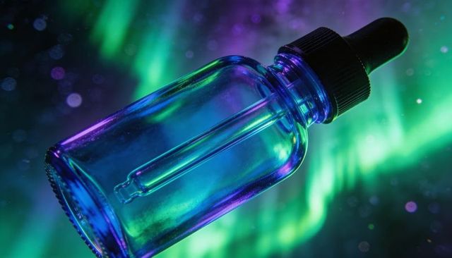 Iridescent glass dropper bottle floating against neon aurora background for serum branding