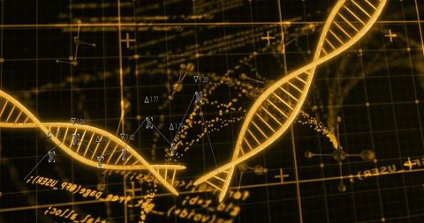 Golden dna helix hud visualization with neon molecular graph and data analysis