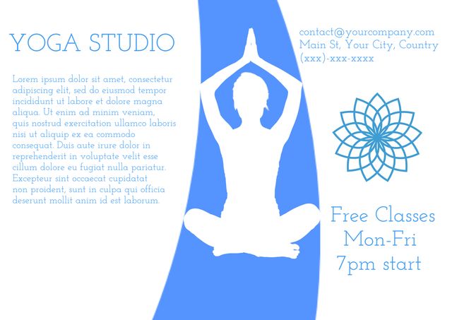 This serene flyer design features a calming blue background with a silhouette of a person in a meditative pose, communicating peace and tranquility. Perfect for promoting a yoga studio's free daily classes starting at 7pm, the flyer includes essential information such as contact details and address. The overall design emphasizes wellness, relaxation, and inviting prospective students to explore physical and mental peace through yoga. Suitable for use in online promotions, social media marketing, community bulletin boards, and yoga retreat invites.