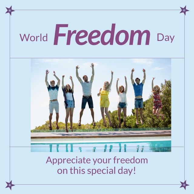 Image of freedom day over happy diverse friends jumping with joy at swimming pool. Freedom, friendship and vacations concept.