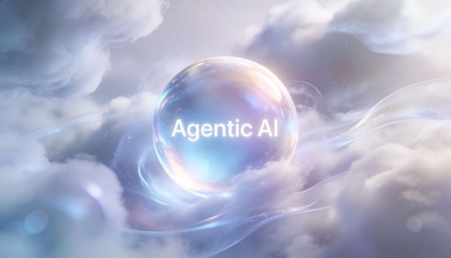 Iridescent orb hovering in pastel cloudscape with shimmering agentic ai text, opalescent bokeh