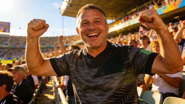Middle-aged sports fan celebrating victory in sunlit stadium raising fists and smiling