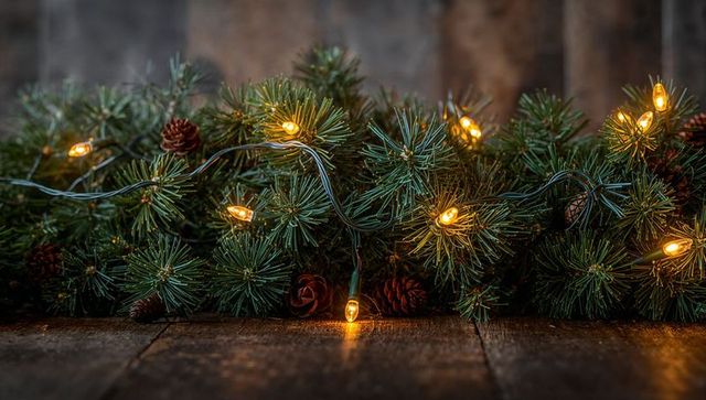 Glowing Pine Garland on Rustic Wooden Table with Warm Amber Mini Lights