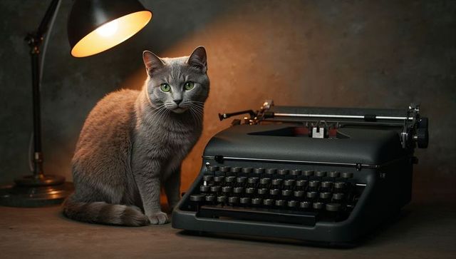 Gray cat with emerald eyes beside vintage typewriter under warm desk lamp, moody writers desk
