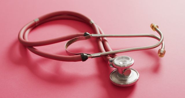 Red stethoscope laying on a pink background, ideal for representing medical themes, healthcare services, and professional tools. Great for use in healthcare blogs, medical articles, promotional healthcare material, doctor offices backdrops, hospital advertisements, and clinical education resources.