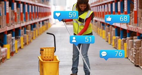 Woman Mopping Warehouse Aisle with Social Media Interaction Icons