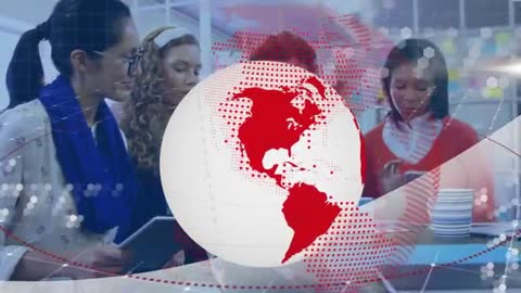 Global Team Collaboration with Digital Devices in Modern Office