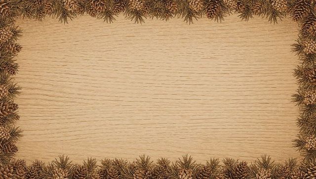 Rustic pinecone and conifer border on oak wood plank for holiday, winter, nature layouts
