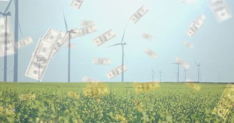Wind Turbines Over Canola Field Showing Falling Dollar Bills Representing Energy Investment