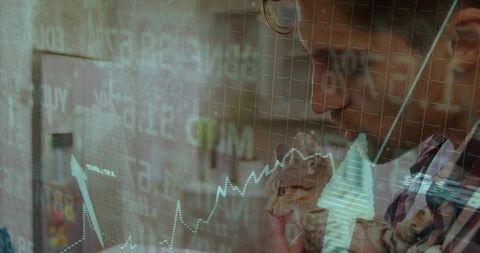 Business Professional with Kitten and Digital Stock Market Chart Overlay