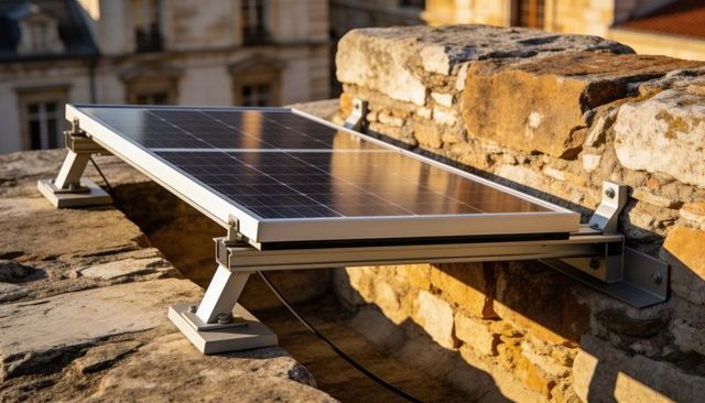 Absorbing sunlight rooftop solar panel resting on stone parapet with aluminum brackets