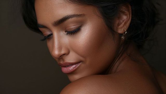 Glamorous closeup portrait showing woman turning face down-left, dewy skin, gold hoop earring