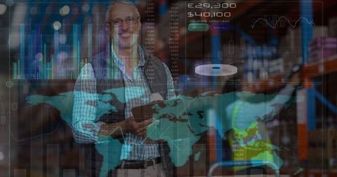 Global Business Analytics Overlayed on Warehouse Workers