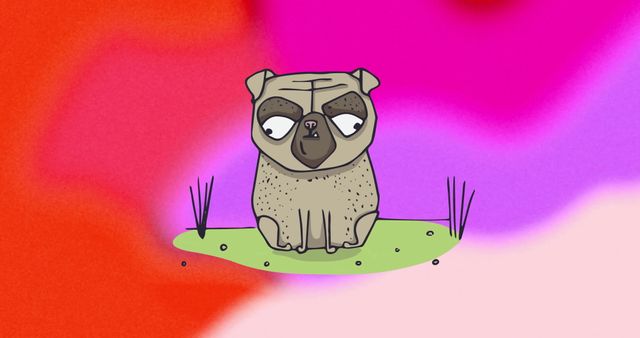 Illustration of a charming brown pug on a vibrant purple, red, and pink abstract background. Perfect for children's book covers, greeting cards, playful design projects, everyday products and fashion items. Enhances visual appeal with its bright color palette and adorable character.