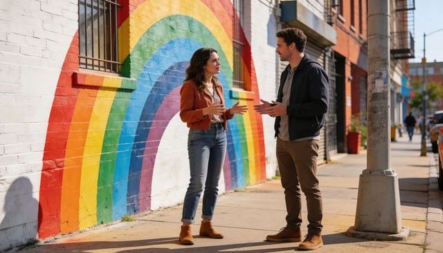 Man and woman conversing by rainbow mural on city sidewalk, woman gesturing, man with phone