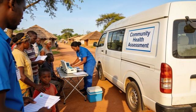 Female nurse conducting mobile community health assessment in rural village outreach