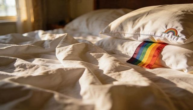 Sunlit rumpled bed with cream linen, rainbow-embroidered pillow and colorful ribbon