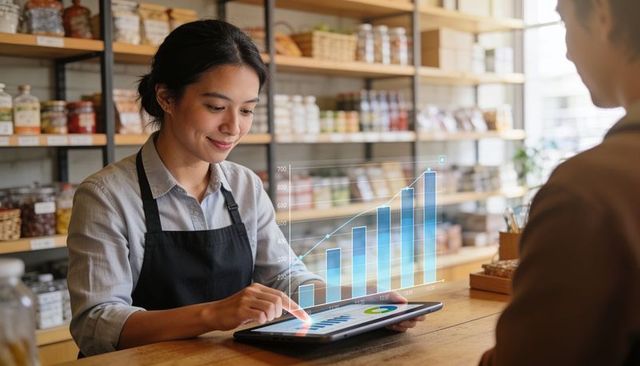 Shop clerk using tablet with augmented reality sales dashboard showing growth