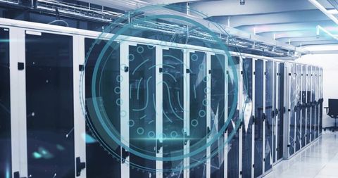 Fingerprint Hologram Securing High-Tech Data Center Aisle with Server Racks and Cabinets