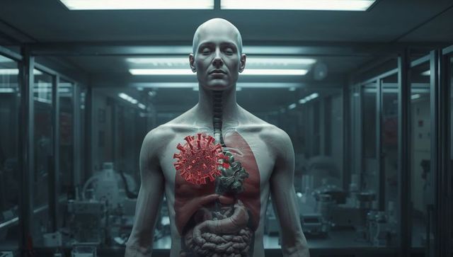 Futuristic Medical Mannequin Exposing Organs with Red Virus Model in High-Tech Laboratory