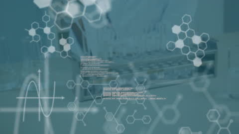 Futuristic Science Laboratory with Data and Chemicals Overlay