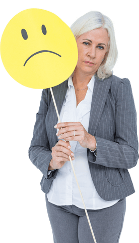 Transparent businesswoman holding sad face sign