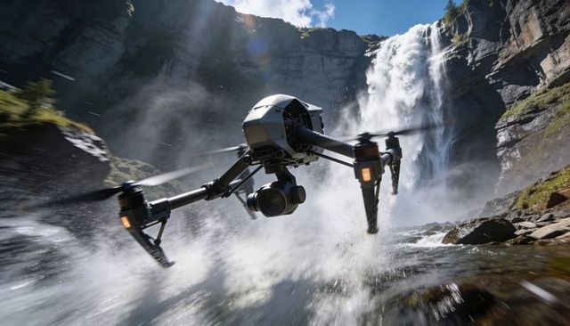 Cinematic drone flying low over waterfall mist with pro gimbal capturing dramatic cascade